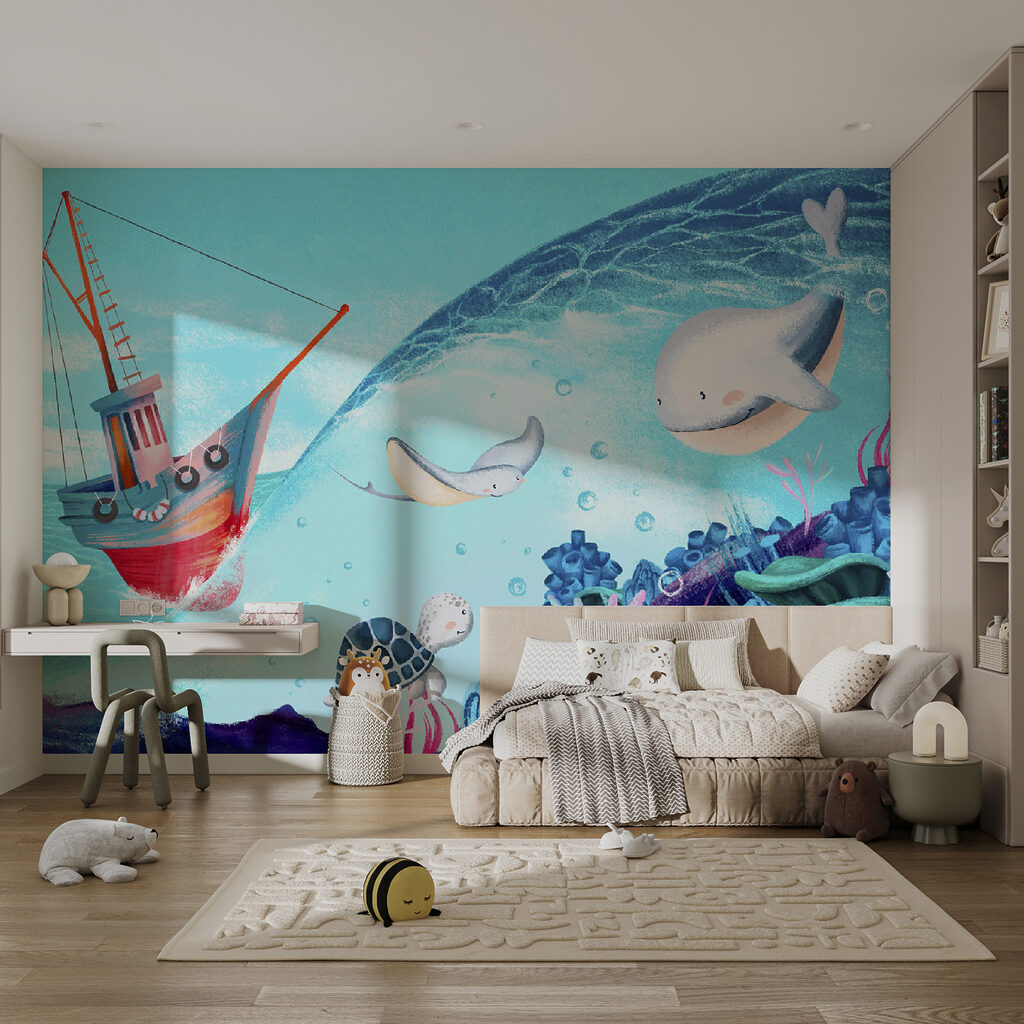 Cartoon of a boat and sea animals Cartoon of a boat and sea animals