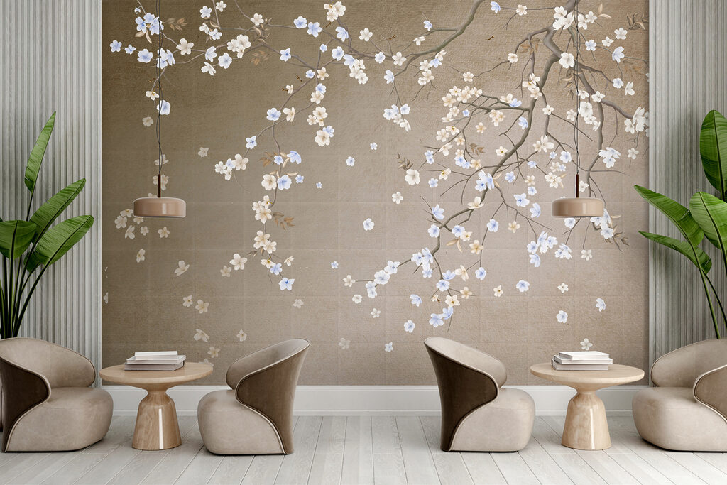 Tree branch with white and blue flowers Tree branch with white and blue flowers