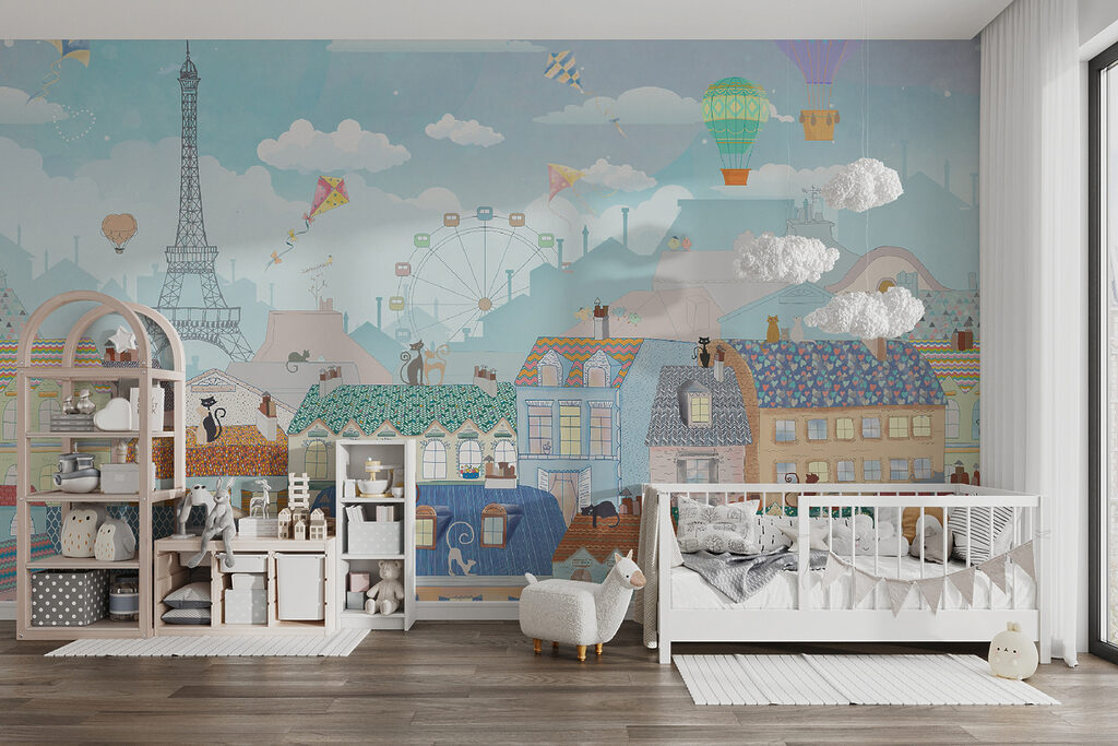 Cartoon city with many buildings and hot air balloons