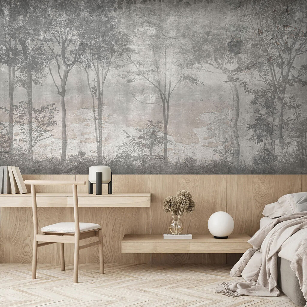 A grey and white photo of trees