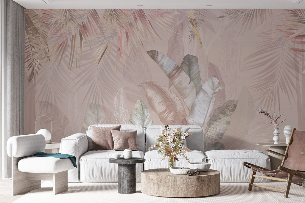 Tropical leaves in soft pastel hues