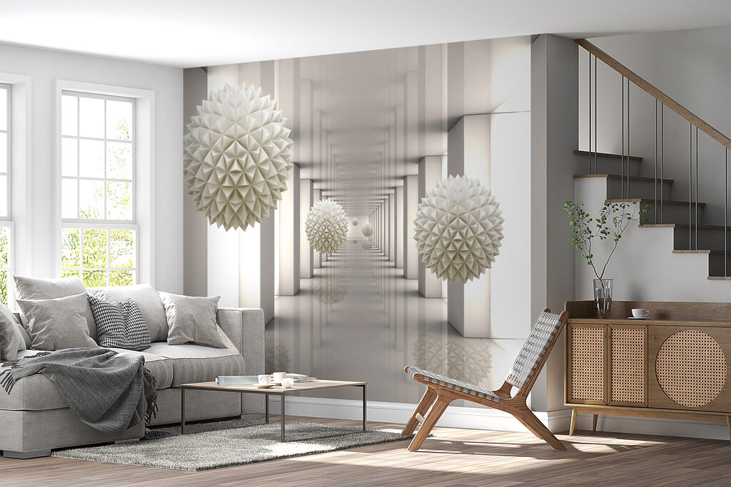 White room with white columns and white balls