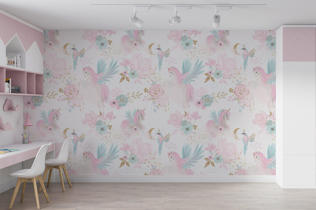Pattern of pink and blue unicorns and flowers Pattern of pink and blue unicorns and flowers