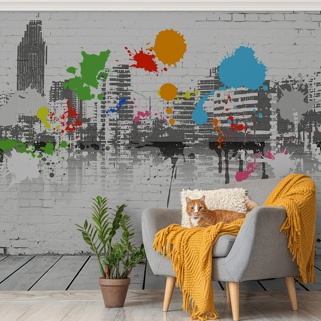 White brick wall with colorful paint splatters White brick wall with colorful paint splatters