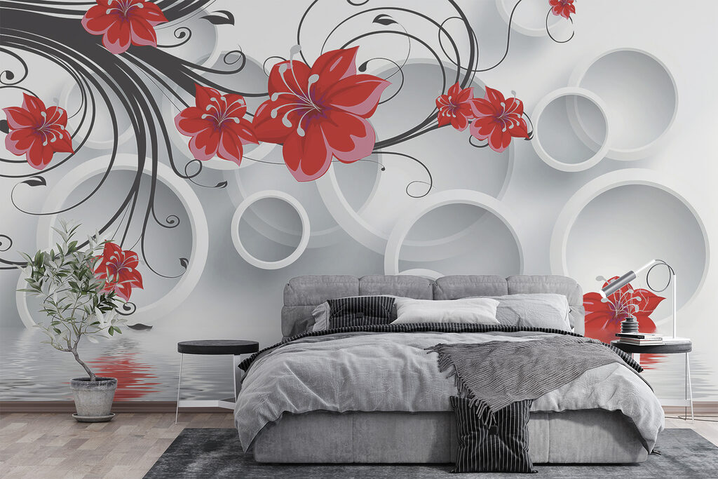 Wallpaper with red flowers and white circles Wallpaper with red flowers and white circles