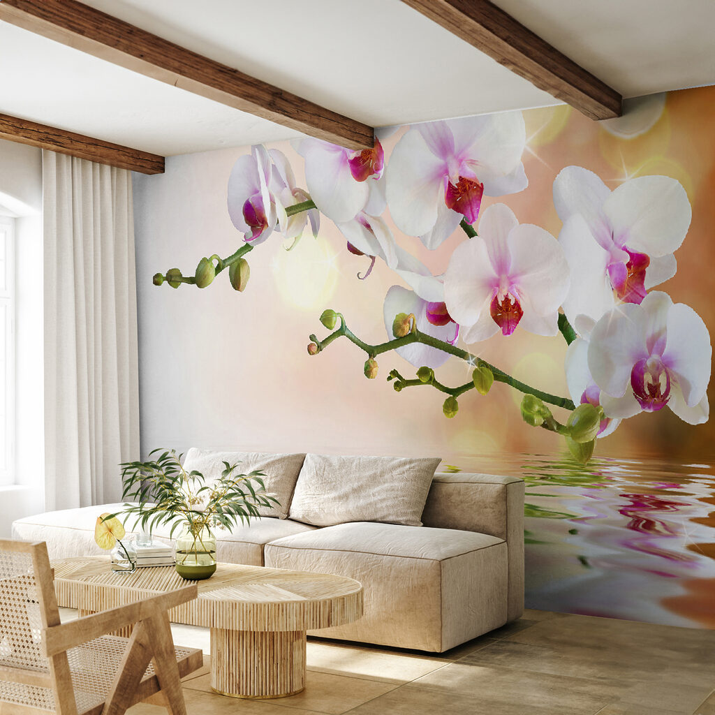 White orchids on a branch with water ripples White orchids on a branch with water ripples