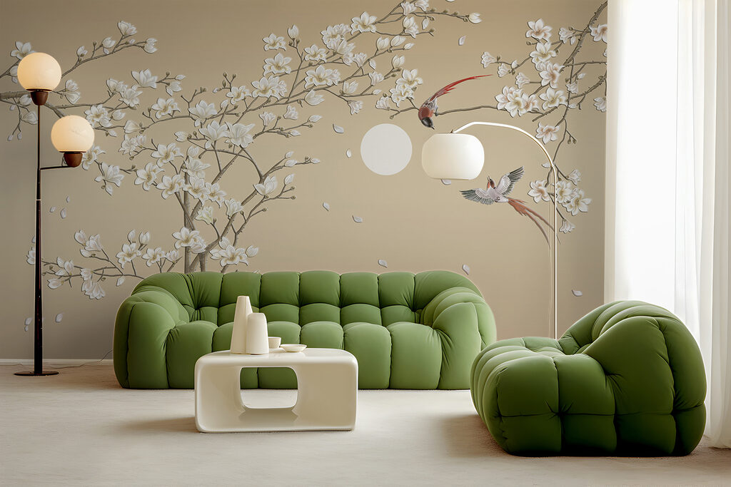 Tree with white flowers and birds Tree with white flowers and birds