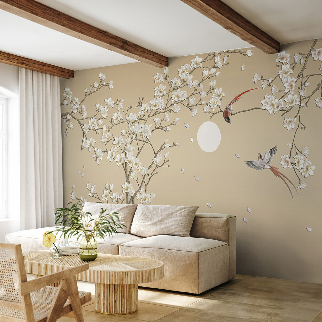 Tree with white flowers and birds Tree with white flowers and birds