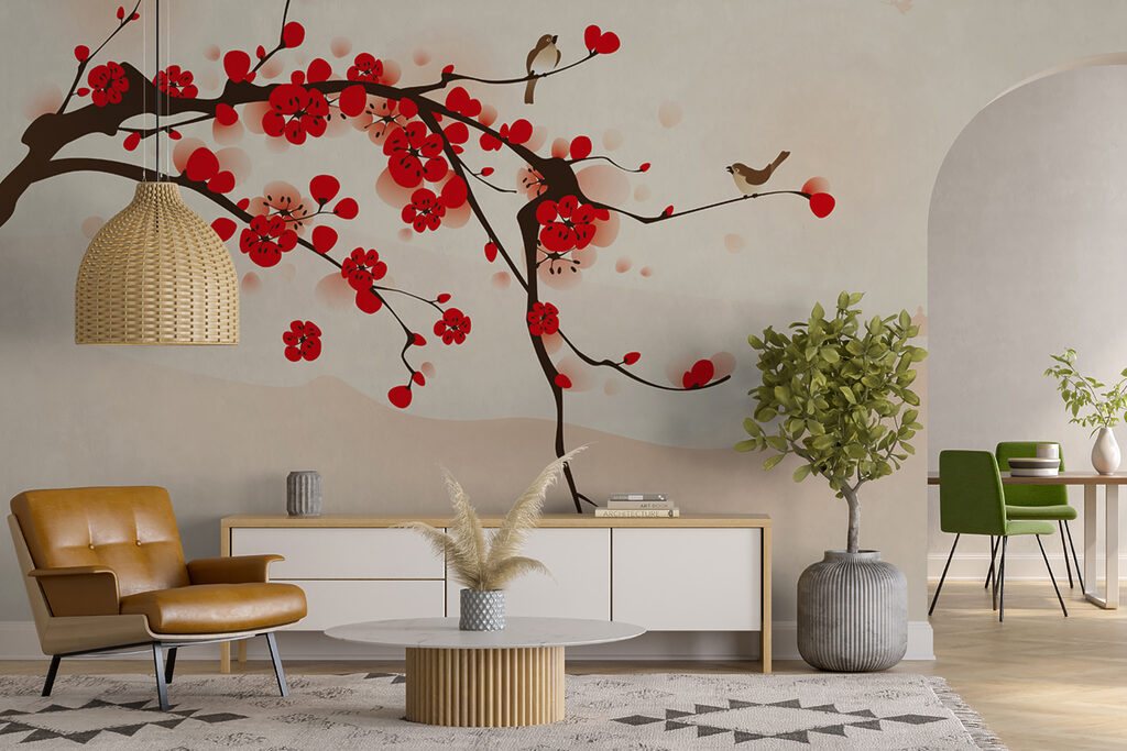 Branch with red flowers and birds flying in the sky Branch with red flowers and birds flying in the sky