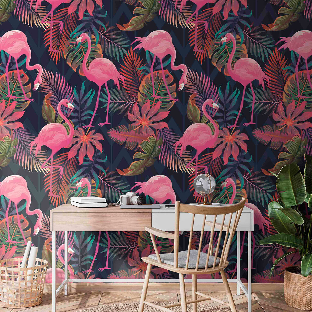 A pattern of pink flamingos and leaves A pattern of pink flamingos and leaves