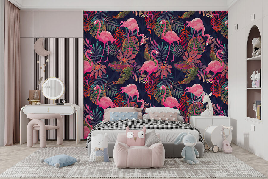 Rózsaszín flamingók és levelek mintája Rózsaszín flamingók és levelek mintája