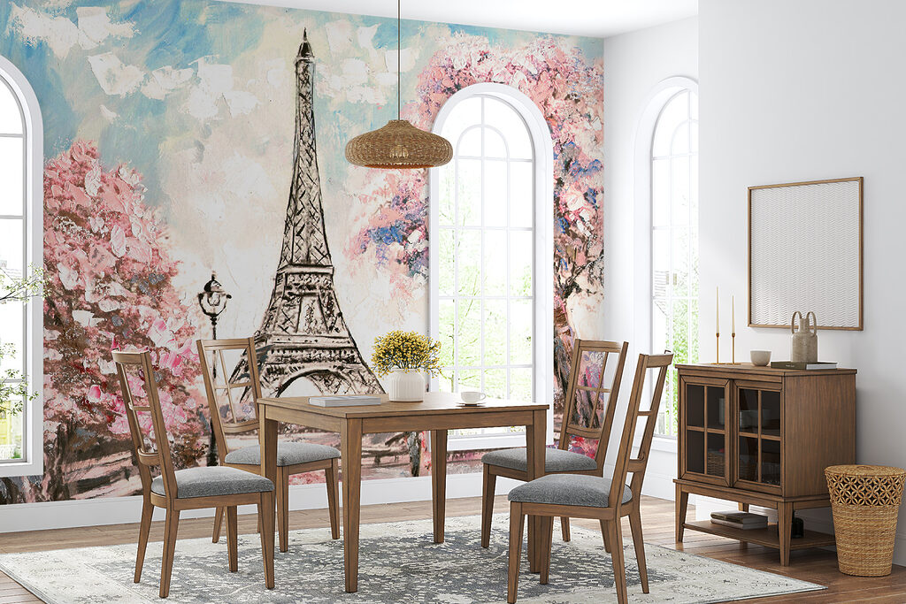 Painting of a tower with pink flowers Painting of a tower with pink flowers