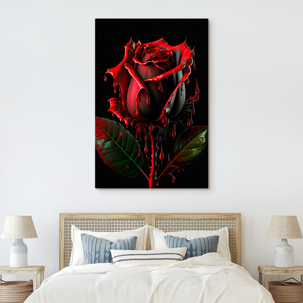 A red rose with green leaves and dripping red paint