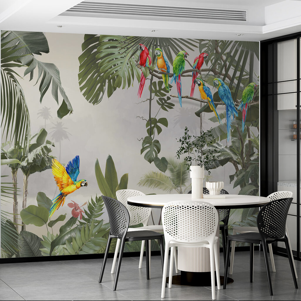 Group of colorful birds on a tree branch