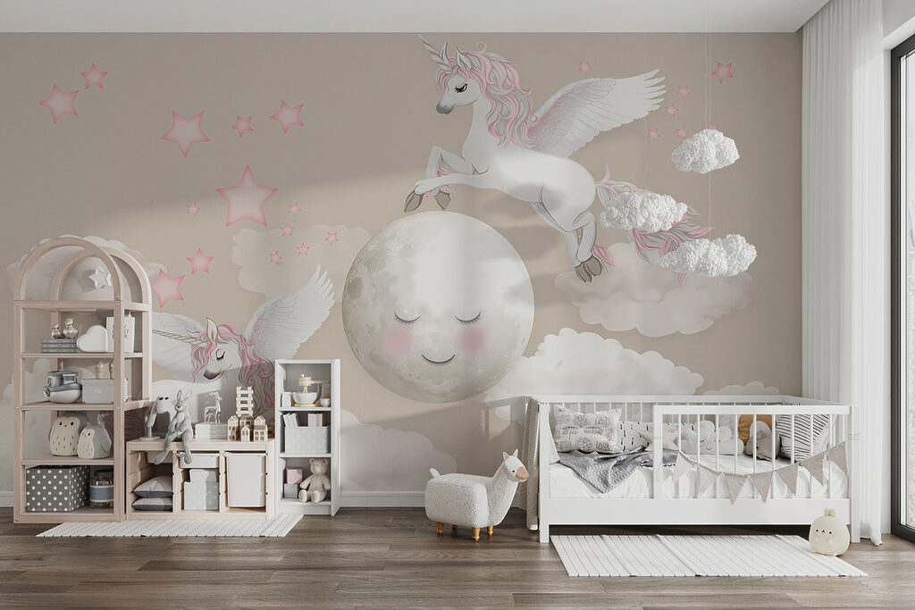 Group of unicorns flying on the moon