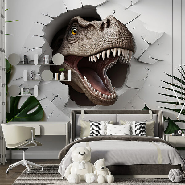 Dinoszaurusz fej jön ki a falon lévő lyukból Dinoszaurusz fej jön ki a falon lévő lyukból
