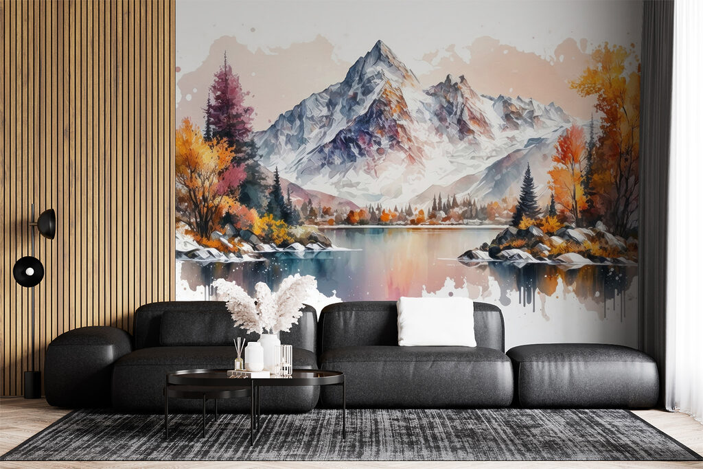 Watercolor painting of a mountain and a lake