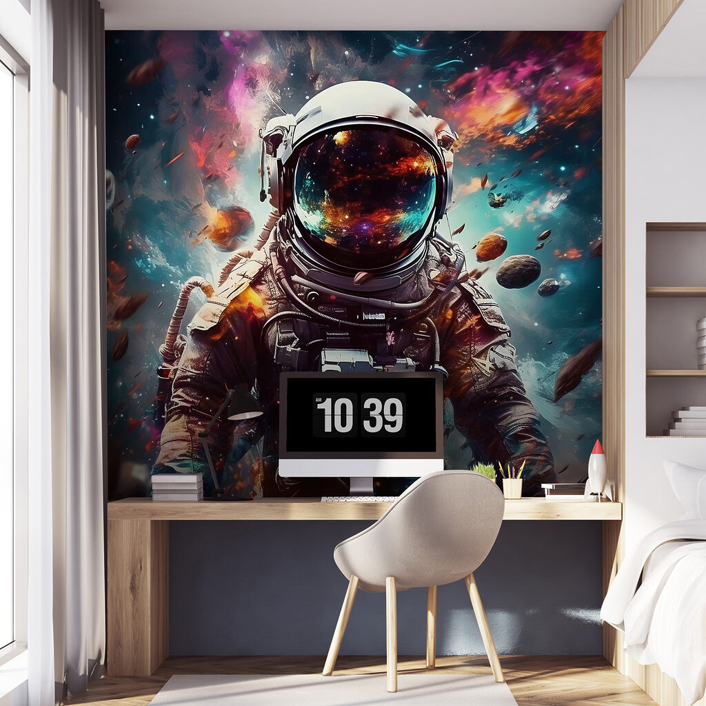 An astronaut in space with a large helmet