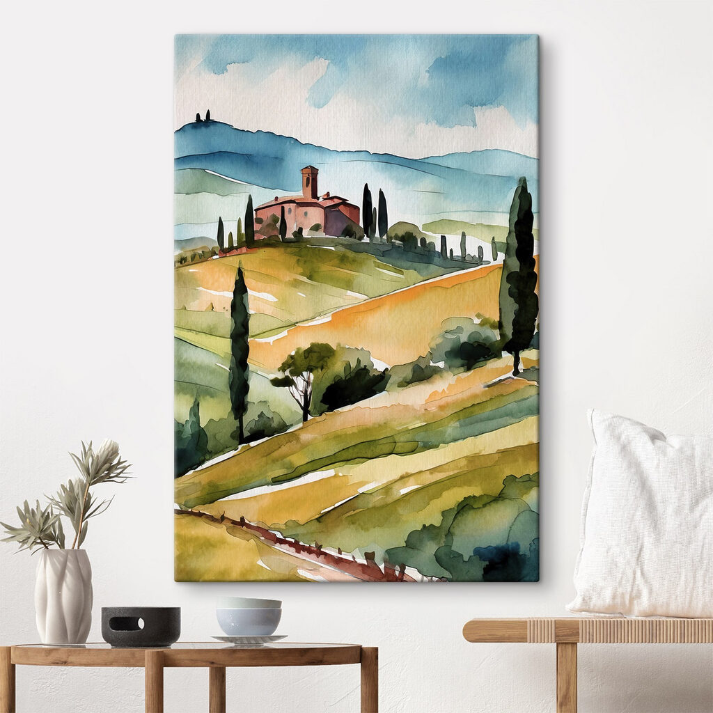 Watercolor of a house on a hill with trees and hills