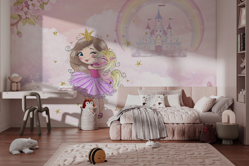 Cartoon of a girl hugging a little girl in a pink dress Cartoon of a girl hugging a little girl in a pink dress