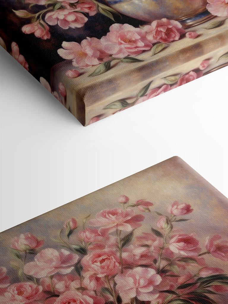 A painting of pink flowers in a vase