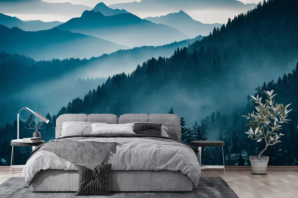 Mountain range with trees and fog Mountain range with trees and fog