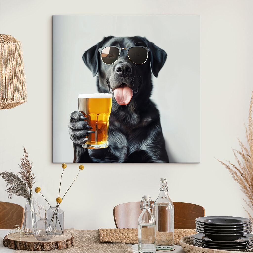 Dog wearing sunglasses and holding a glass of beer