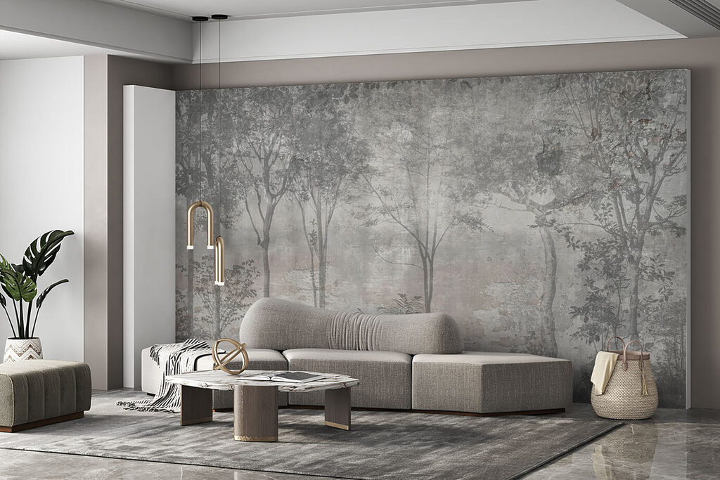 A grey and white photo of trees