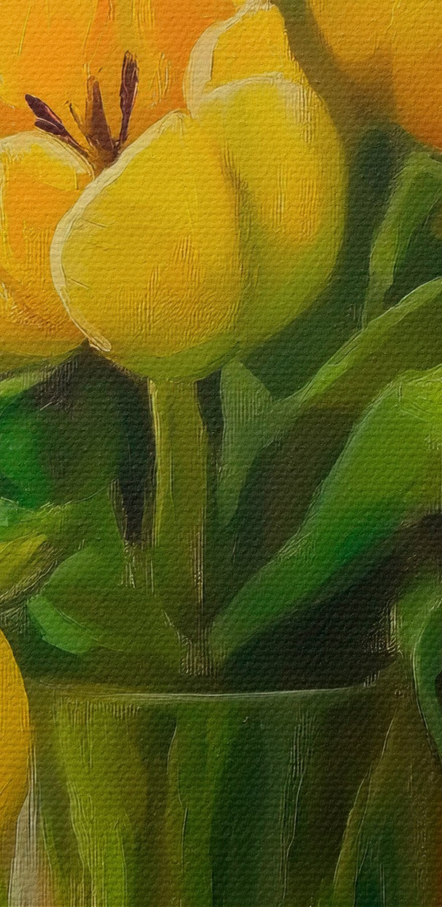 Sárga tulipánok festménye üvegvázában