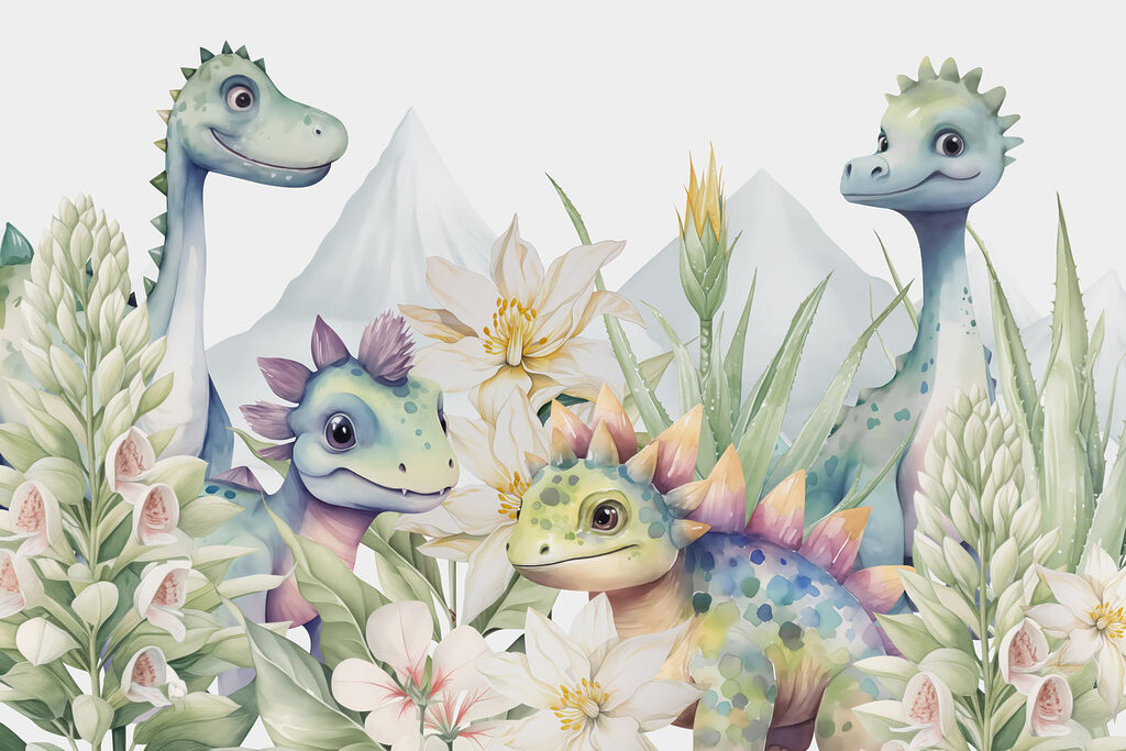 Dinoszauruszok csoportja virágokkal körülvéve Dinoszauruszok csoportja virágokkal körülvéve