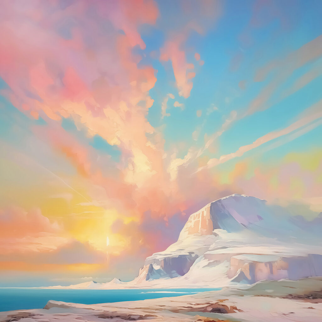 Painting of a mountain and water