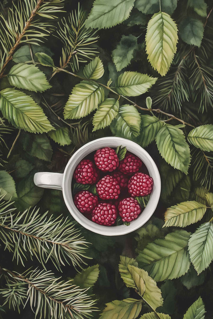 Cup of raspberries in a tree