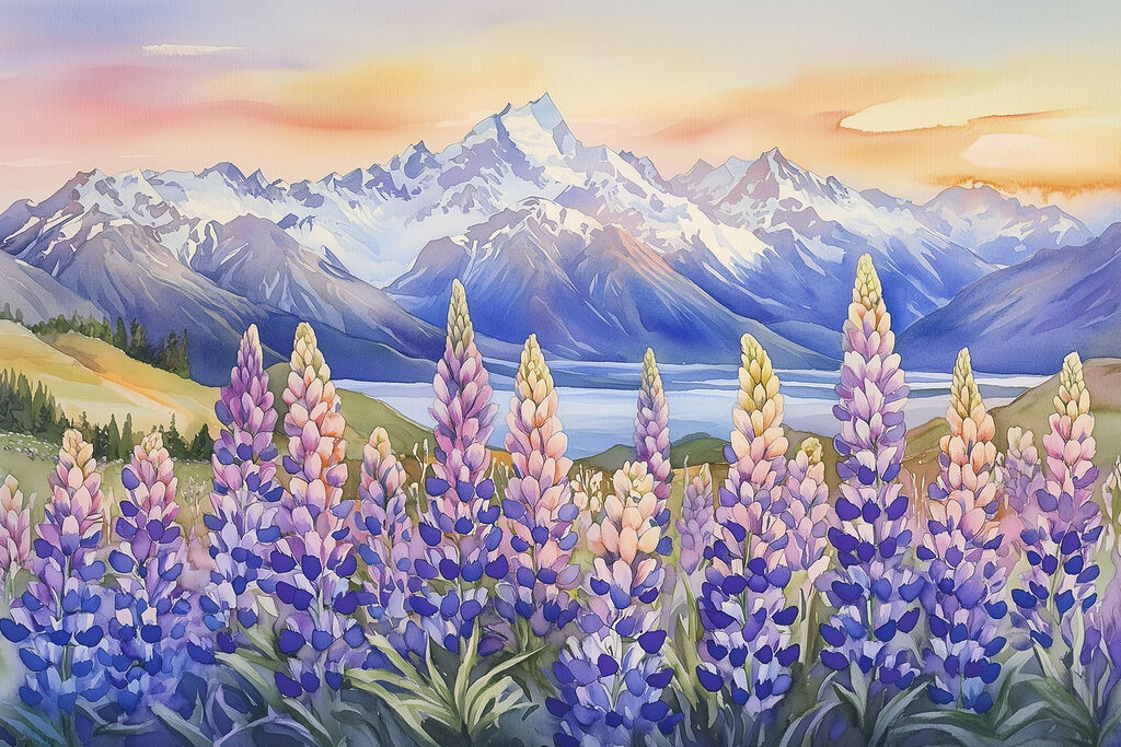 Painting of flowers and mountains