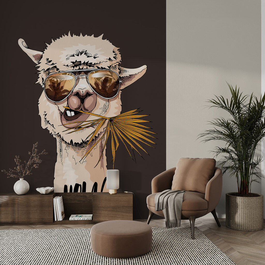 A llama wearing sunglasses and eating a leaf