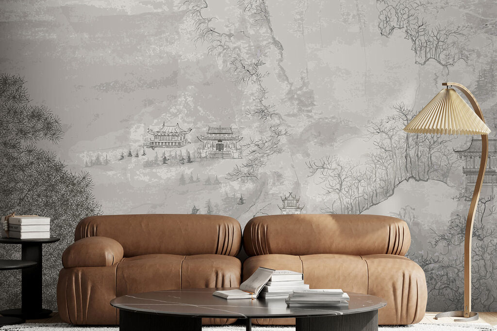 A painting of buildings on a mountain A painting of buildings on a mountain