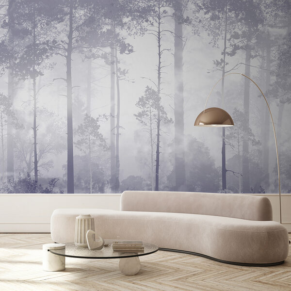 A foggy forest with tall trees