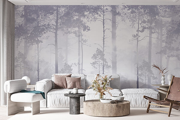 A foggy forest with tall trees