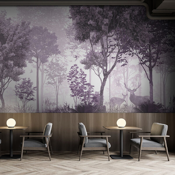 A purple and white image of trees and plants