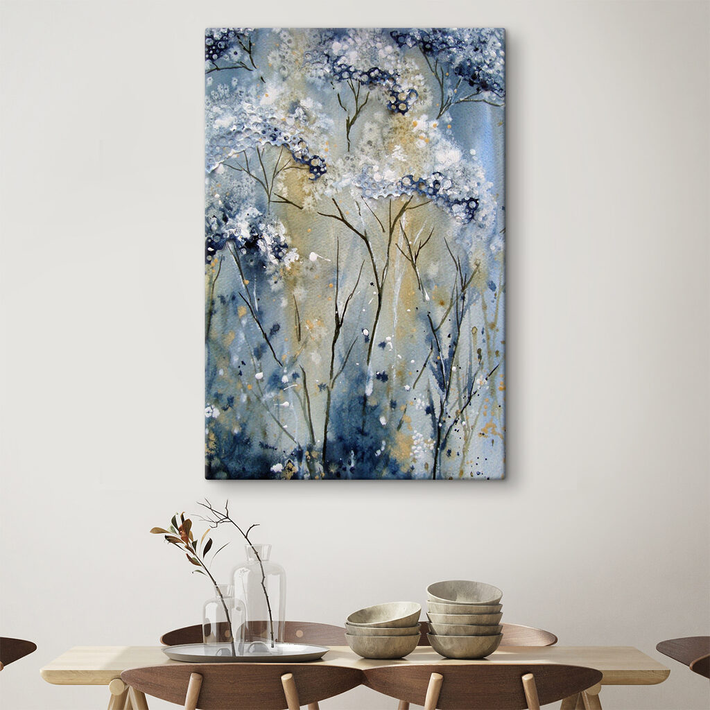 A painting of a white and blue plant