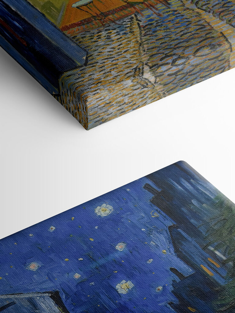 A painting of a street with tables and chairs A painting of a street with tables and chairs