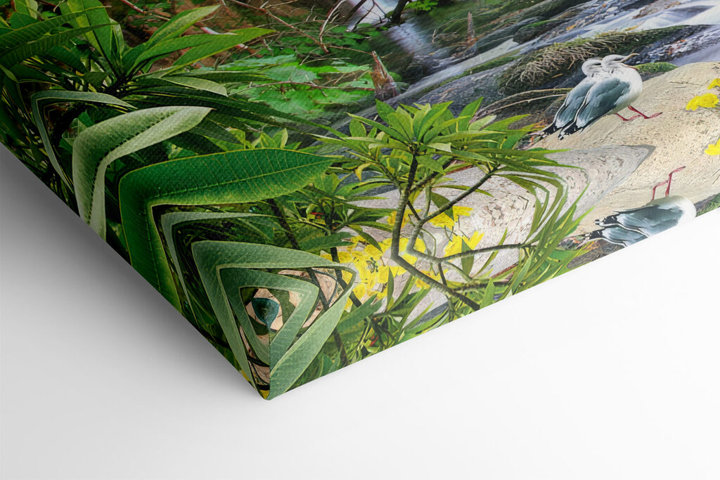 A waterfall with birds flying over it