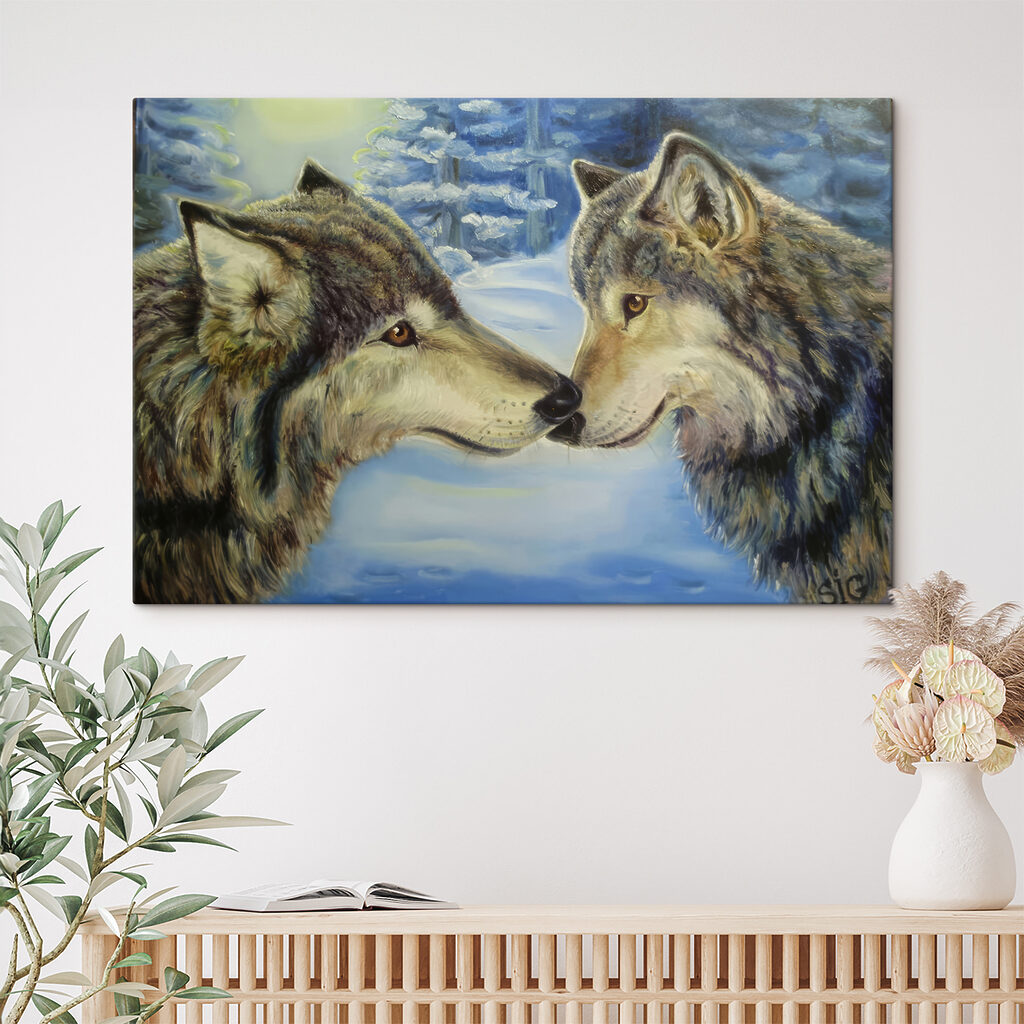 A painting of two wolves kissing