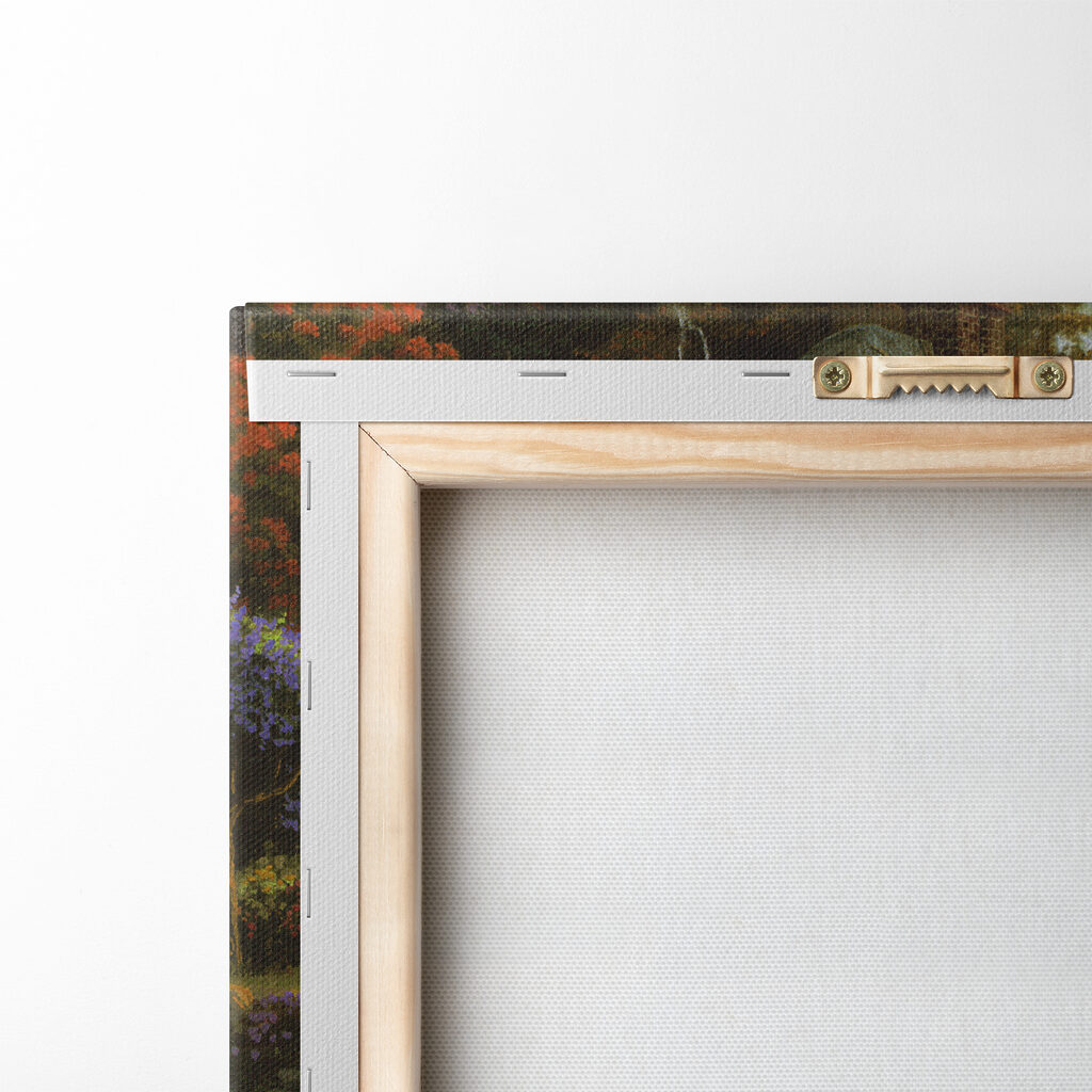 A painting of a cottage by a river