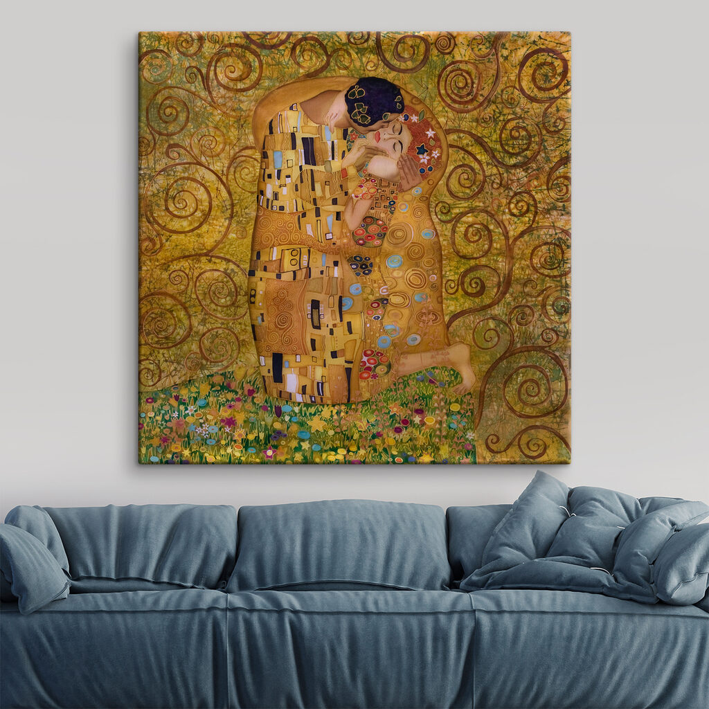 A painting of a man and woman kissing