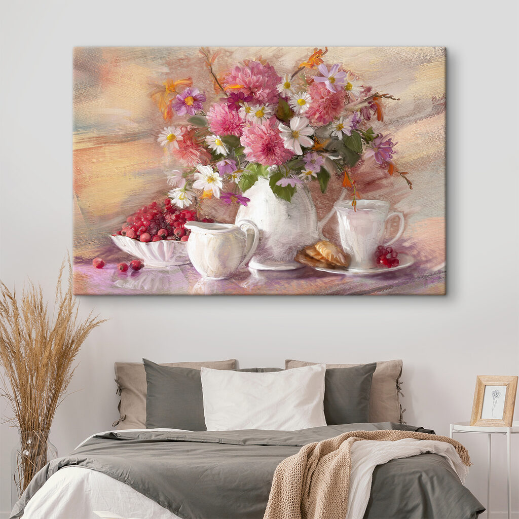 A painting of flowers in a vase and a bowl of croissants