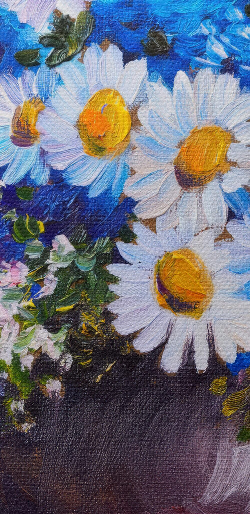 A painting of flowers in a vase