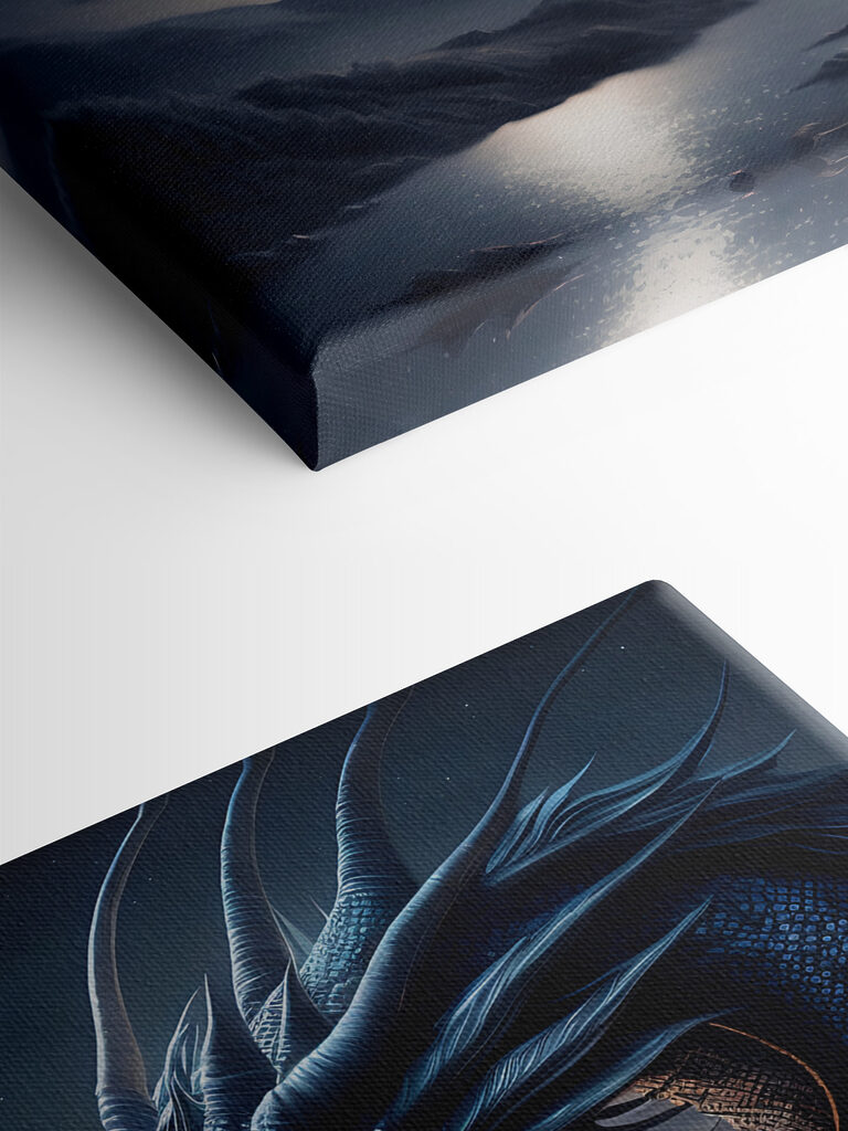 A blue dragon with a moon in the background