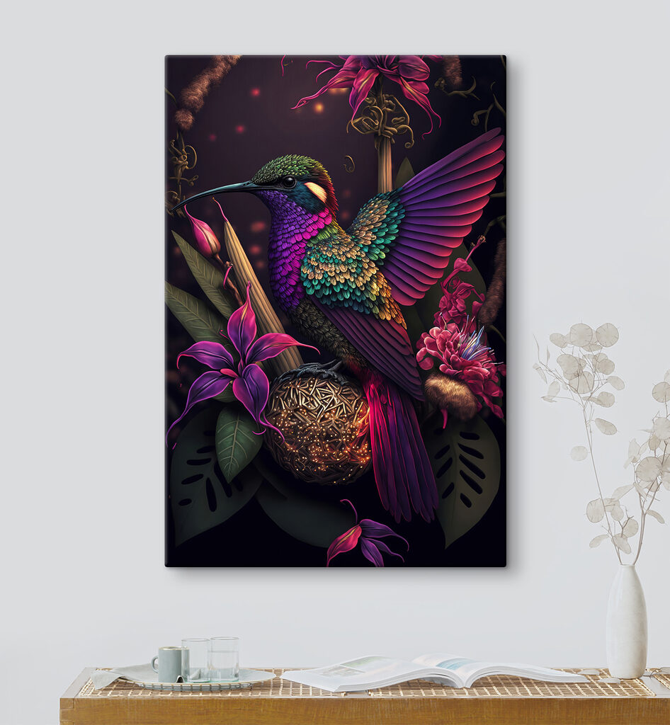 A colorful bird sitting on a ball of flowers