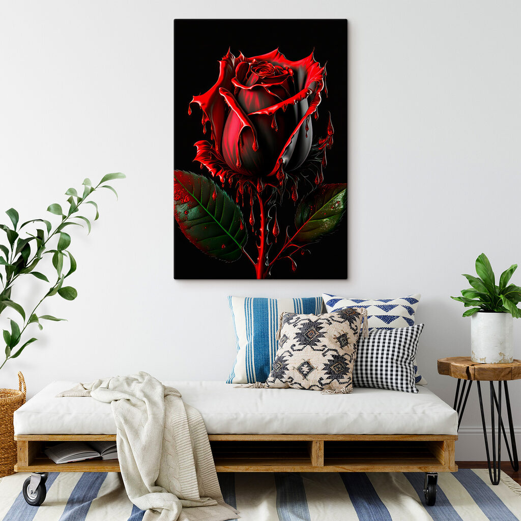 A red rose with green leaves and dripping red paint