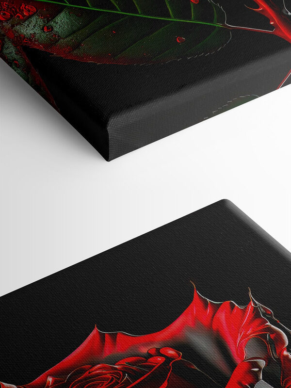 A red rose with green leaves and dripping red paint